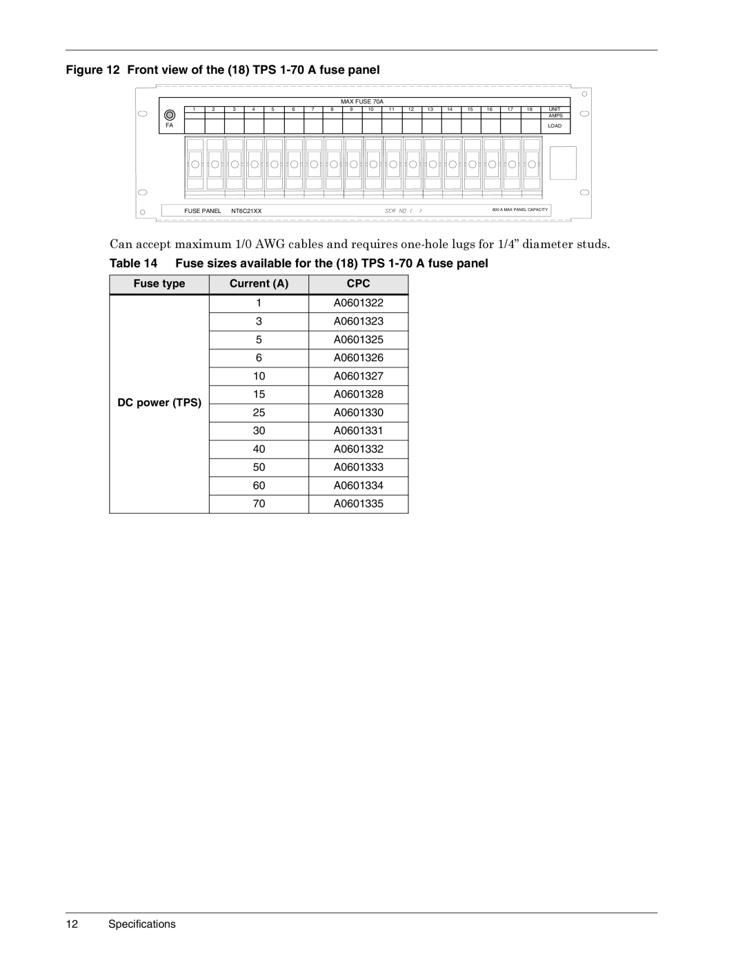 Liebert 6000 A, 3000, 4000, 1500 user manual Fuse sizes available for the 18 TPS 1-70 a fuse panel, DC power TPS 