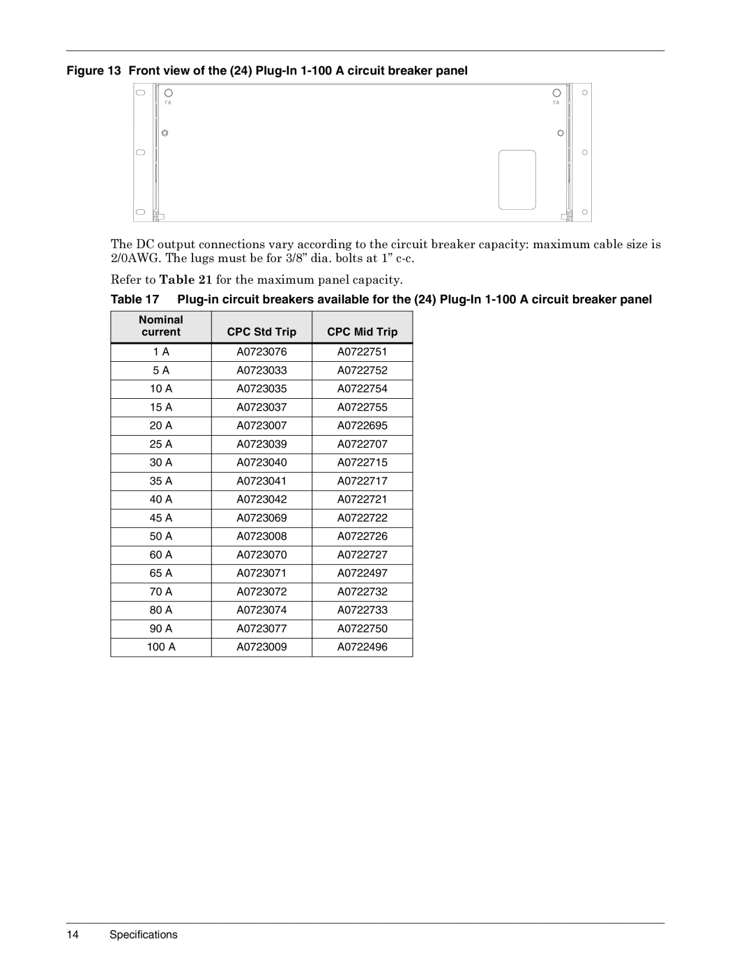 Liebert 3000, 4000 Front view of the 24 Plug-In 1-100 a circuit breaker panel, Nominal CPC Std Trip CPC Mid Trip Current 