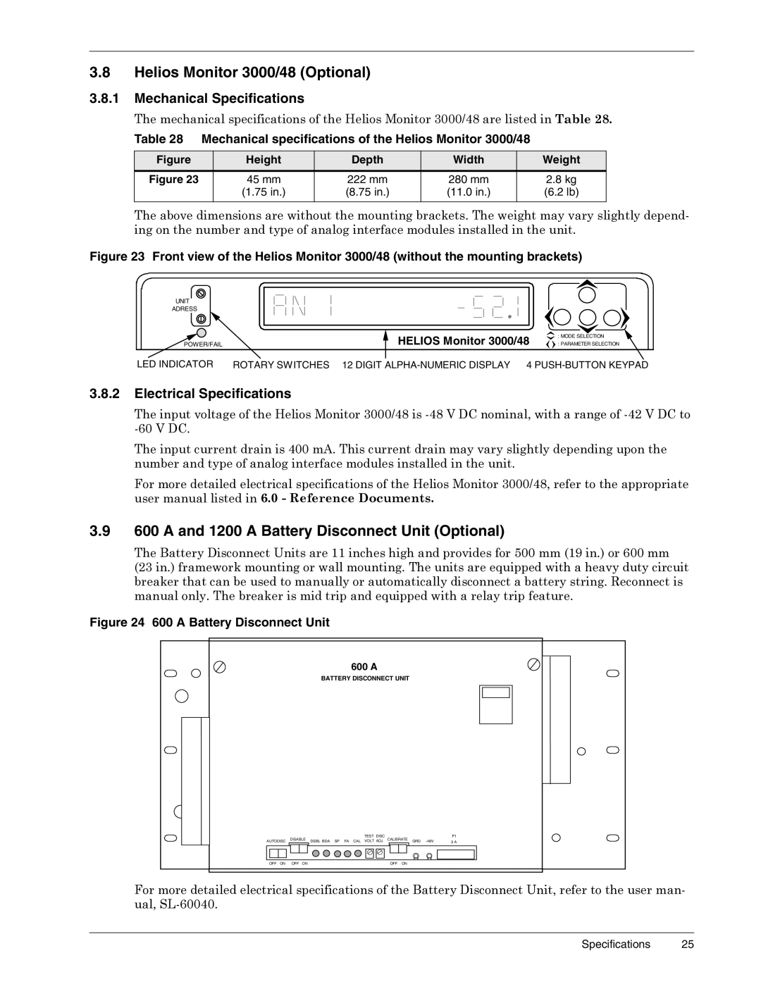 Liebert 1500 Helios Monitor 3000/48 Optional, a and 1200 a Battery Disconnect Unit Optional, Mechanical Specifications 