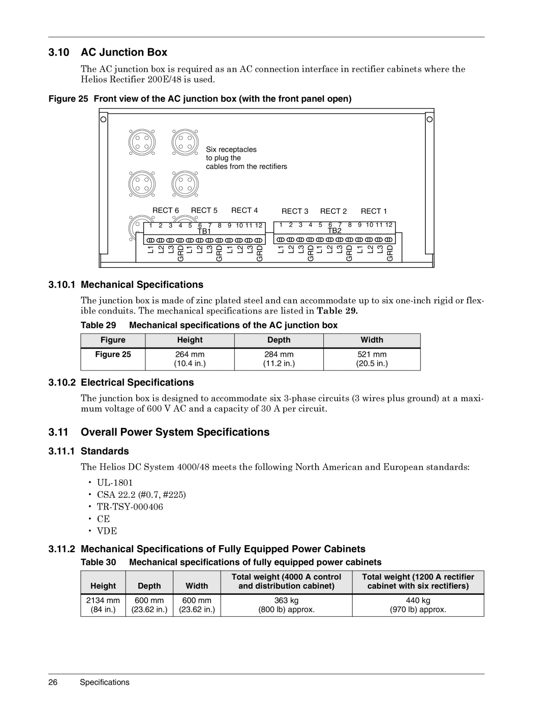 Liebert 3000, 4000 AC Junction Box, Overall Power System Specifications, Mechanical specifications of the AC junction box 