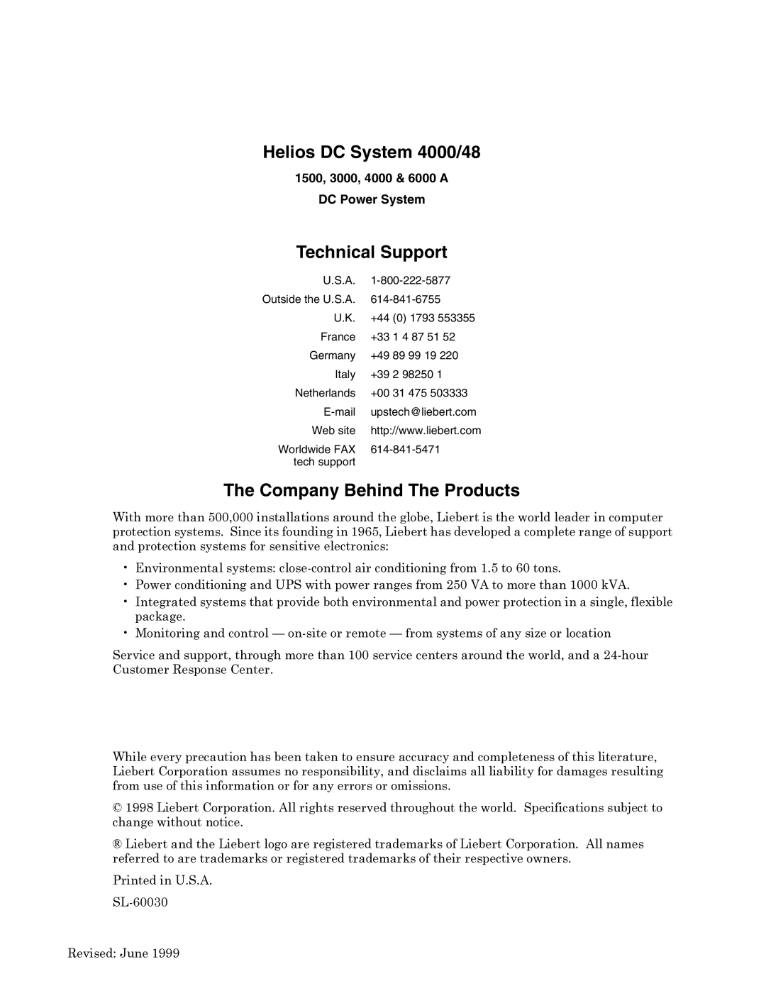 Liebert 6000 A user manual Technical Support, 1500, 3000, 4000 & 6000 a DC Power System 