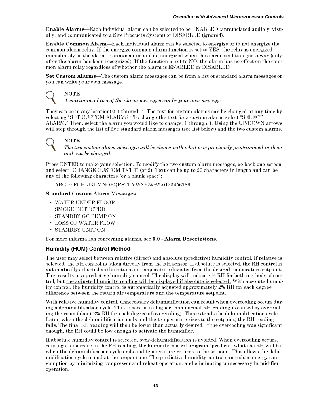 Liebert 3000 manual Humidity HUM Control Method, Standard Custom Alarm Messages 