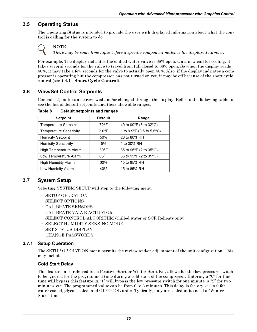 Liebert 3000 manual Operating Status, View/Set Control Setpoints, System Setup, Cold Start Delay 