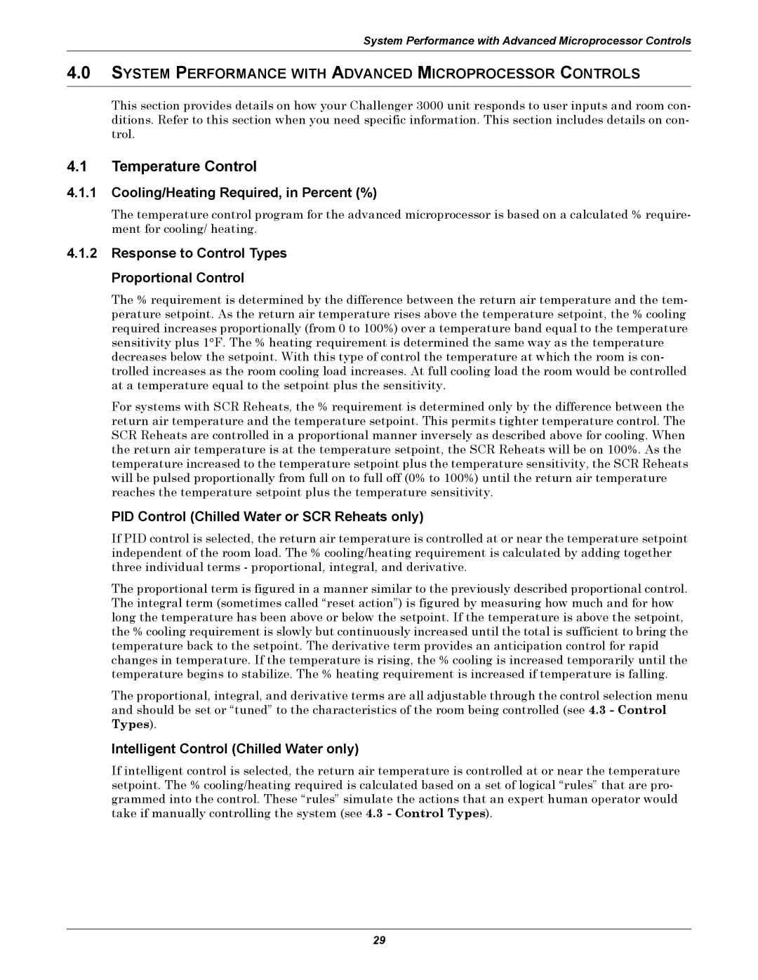 Liebert 3000 Temperature Control, Cooling/Heating Required, in Percent %, Response to Control Types Proportional Control 