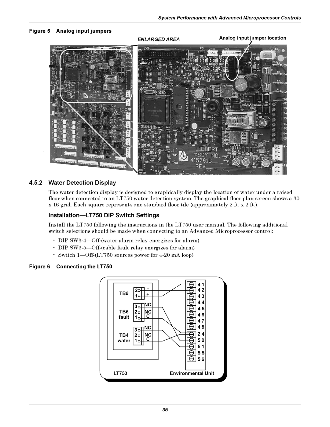 Liebert 3000 manual Water Detection Display, Installation-LT750 DIP Switch Settings, Fault, LT750 Environmental Unit 