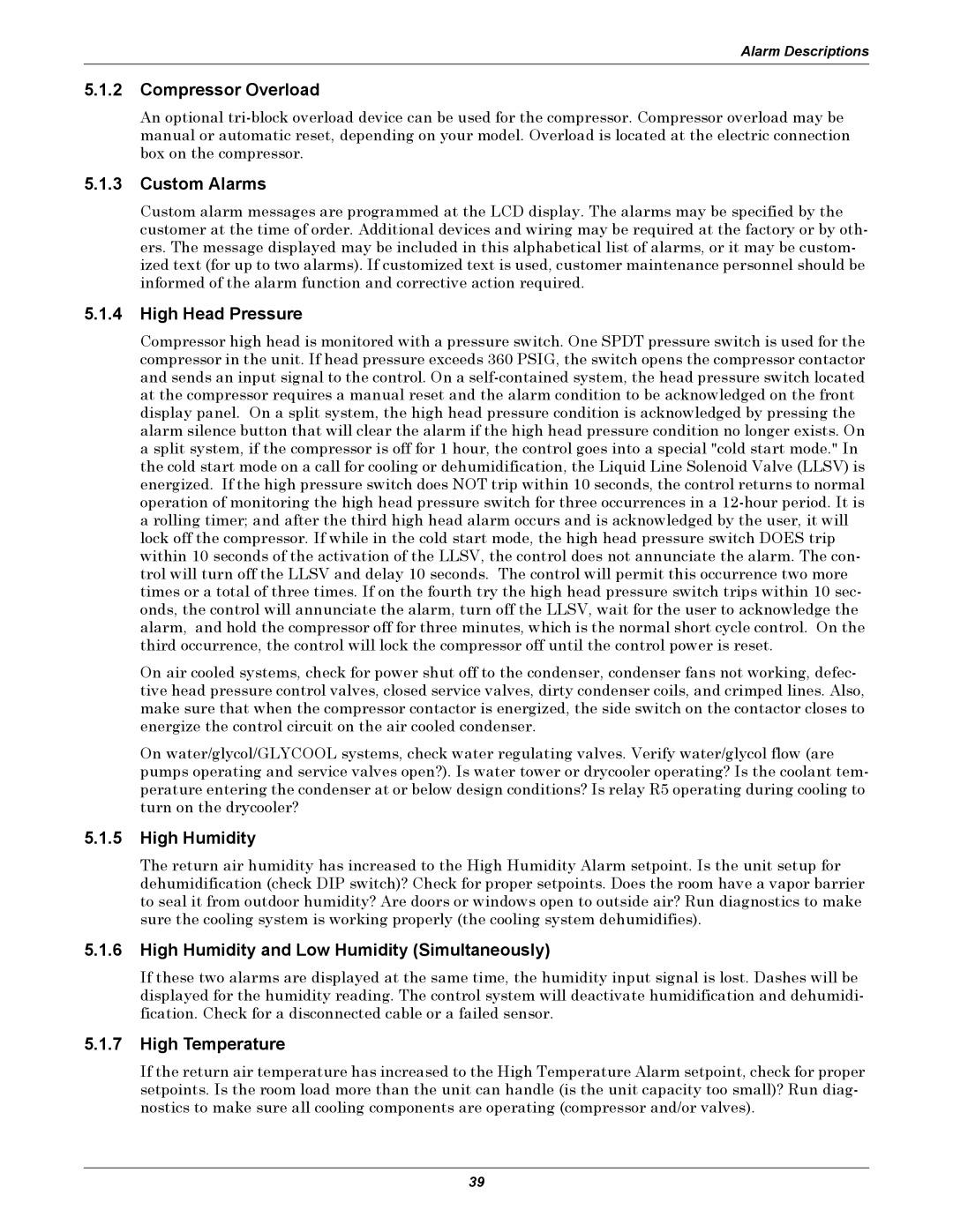 Liebert 3000 manual Compressor Overload, Custom Alarms, High Head Pressure, High Humidity, High Temperature 