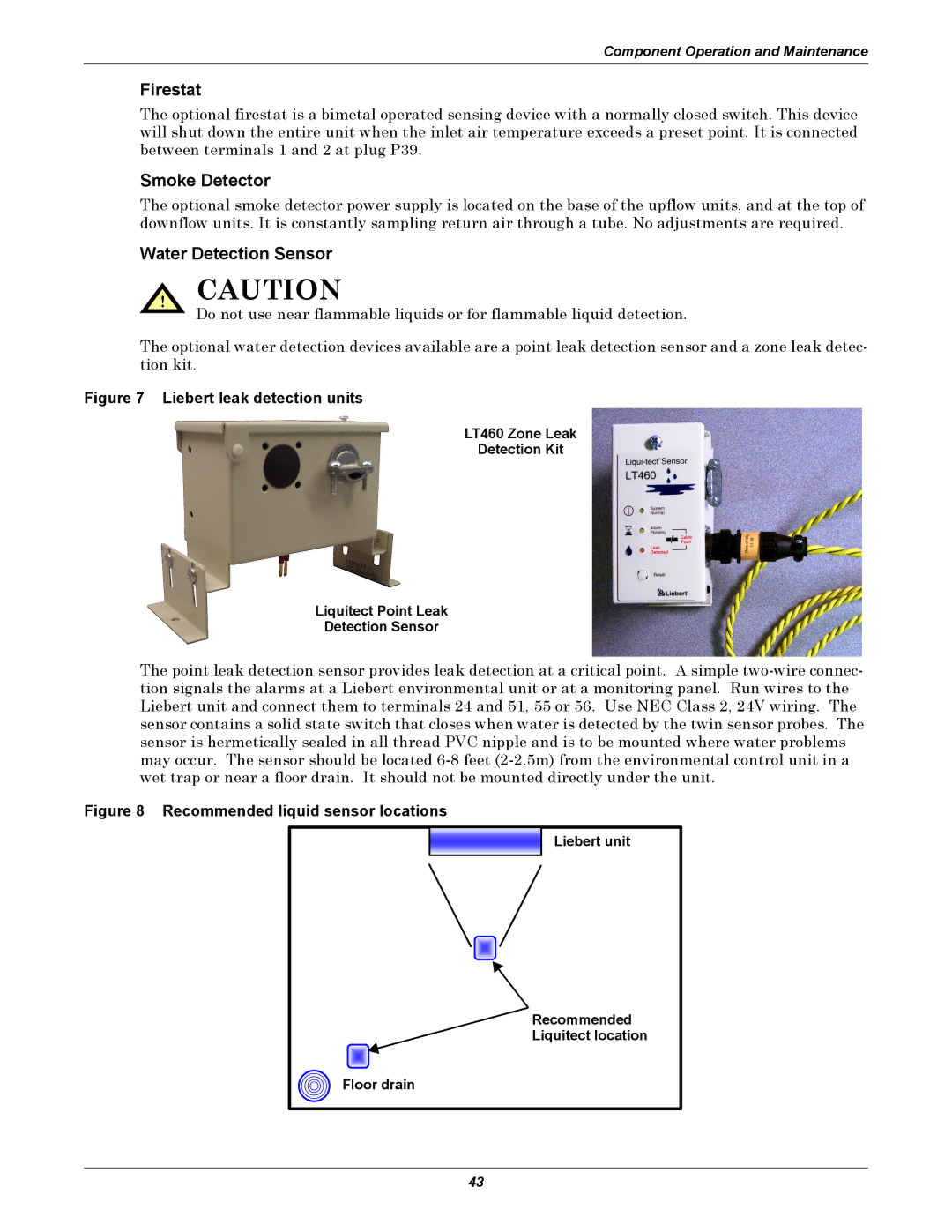 Liebert 3000 Firestat, Smoke Detector, Water Detection Sensor, Liebert unit Recommended Liquitect location Floor drain 
