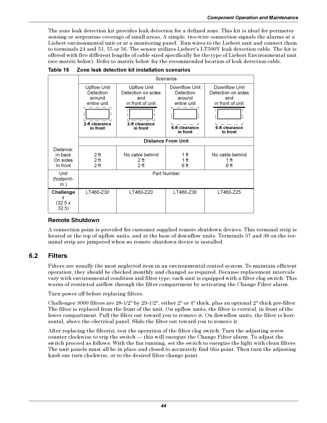 Liebert 3000 manual Filters, Remote Shutdown, Zone leak detection kit installation scenarios, Distance From Unit, Challenge 