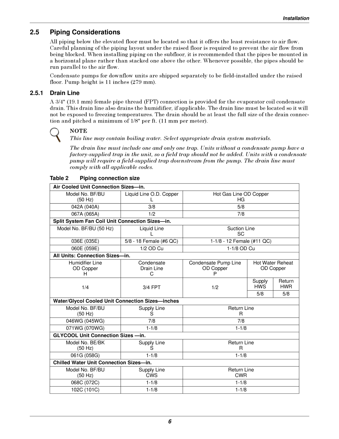 Liebert 3000 installation manual Piping Considerations, Drain Line, Piping connection size 