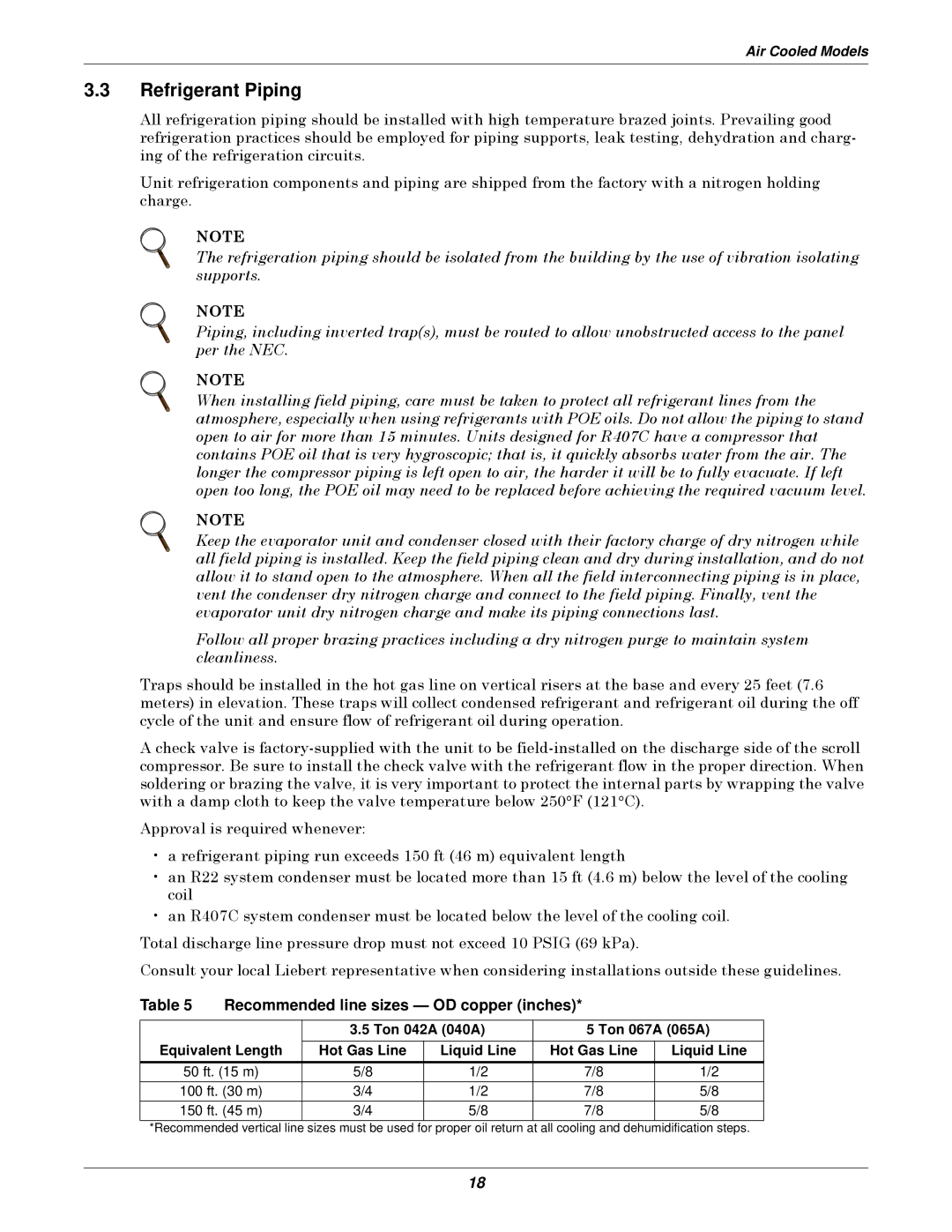 Liebert 3000 installation manual Refrigerant Piping, Recommended line sizes OD copper inches 