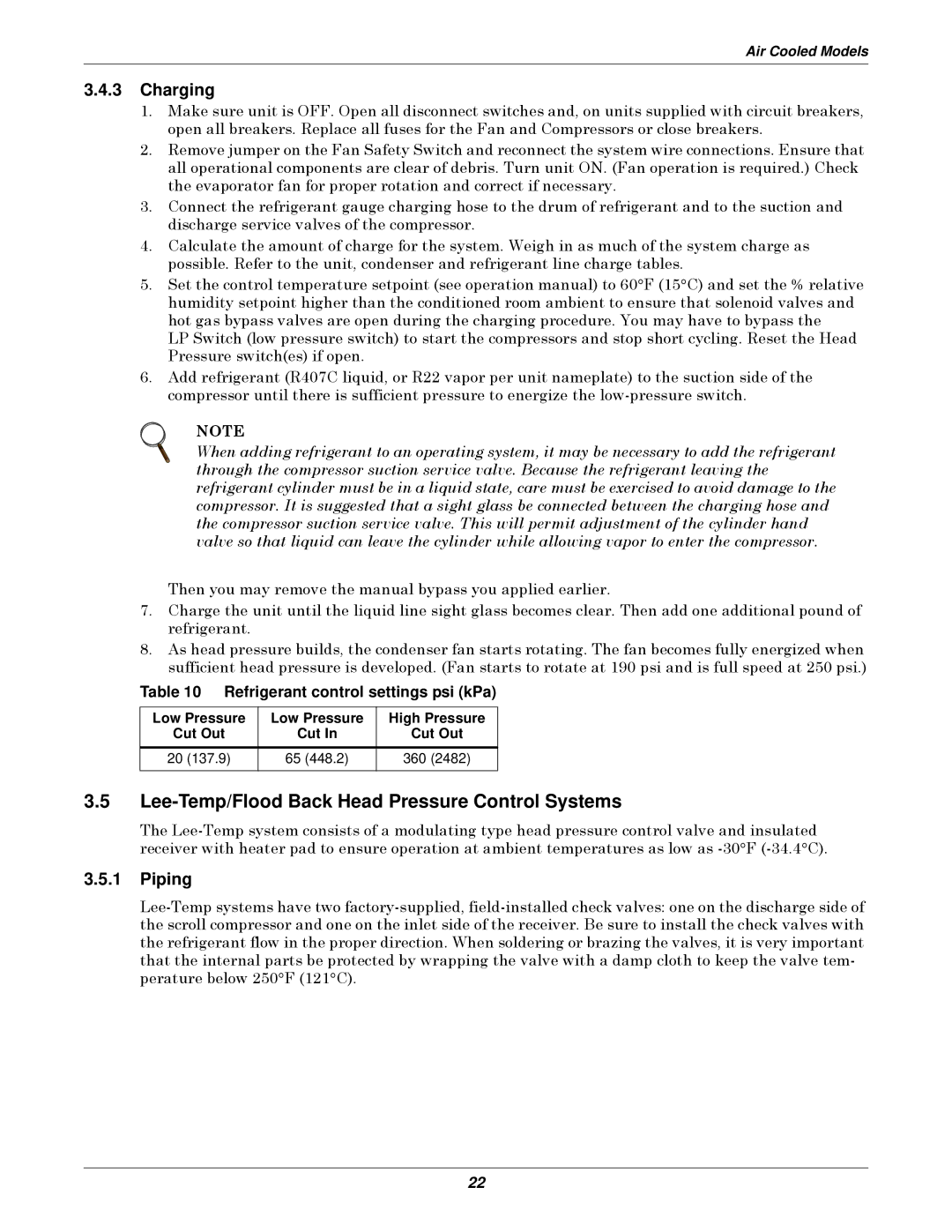 Liebert 3000 Lee-Temp/Flood Back Head Pressure Control Systems, Charging, Piping, Refrigerant control settings psi kPa 