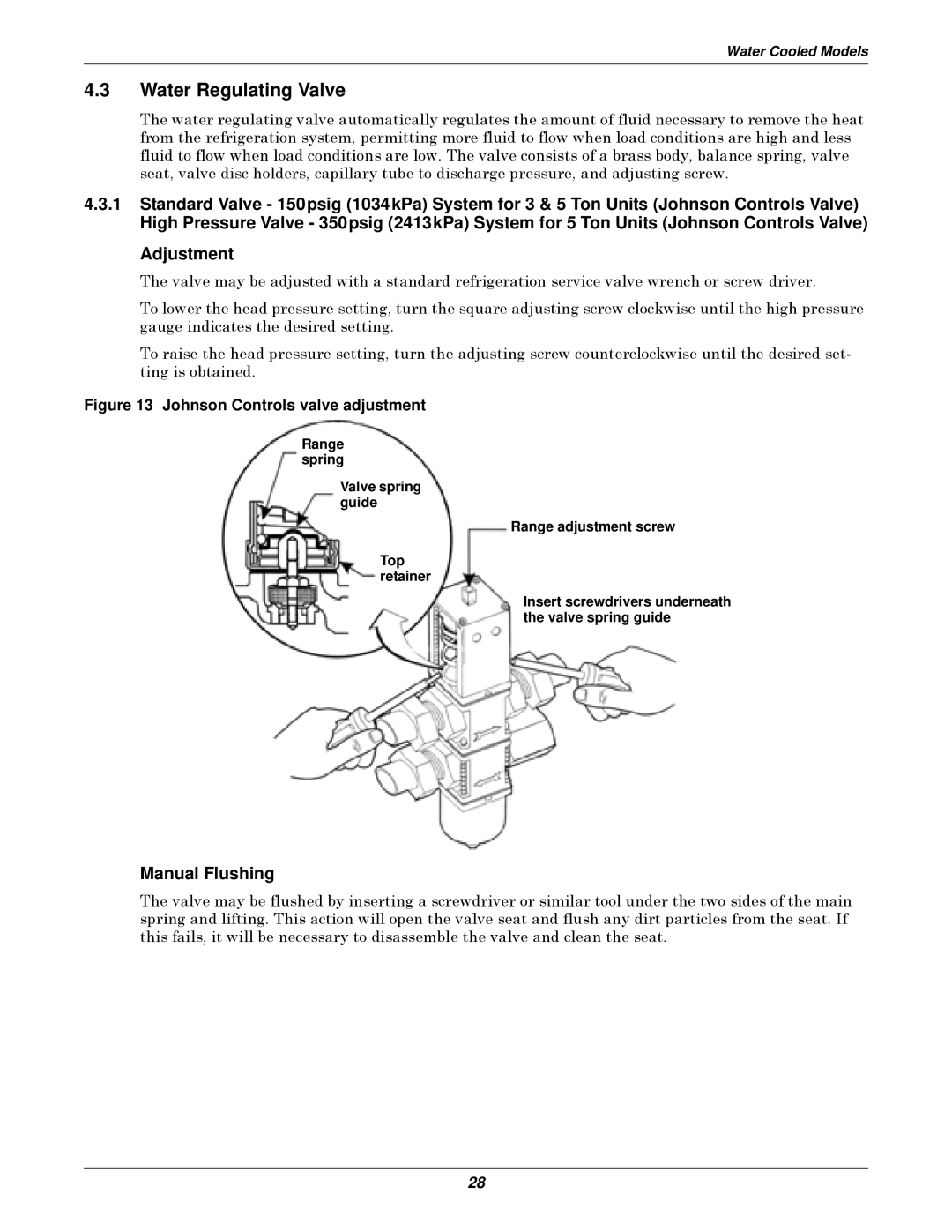 Liebert 3000 installation manual Water Regulating Valve, Adjustment, Manual Flushing 