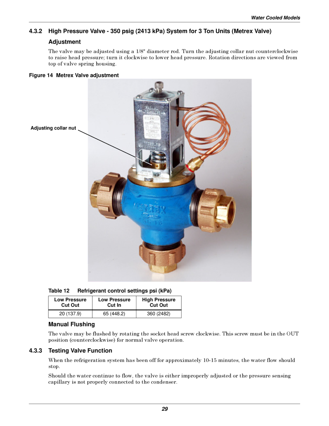 Liebert 3000 installation manual Testing Valve Function, Adjusting collar nut 