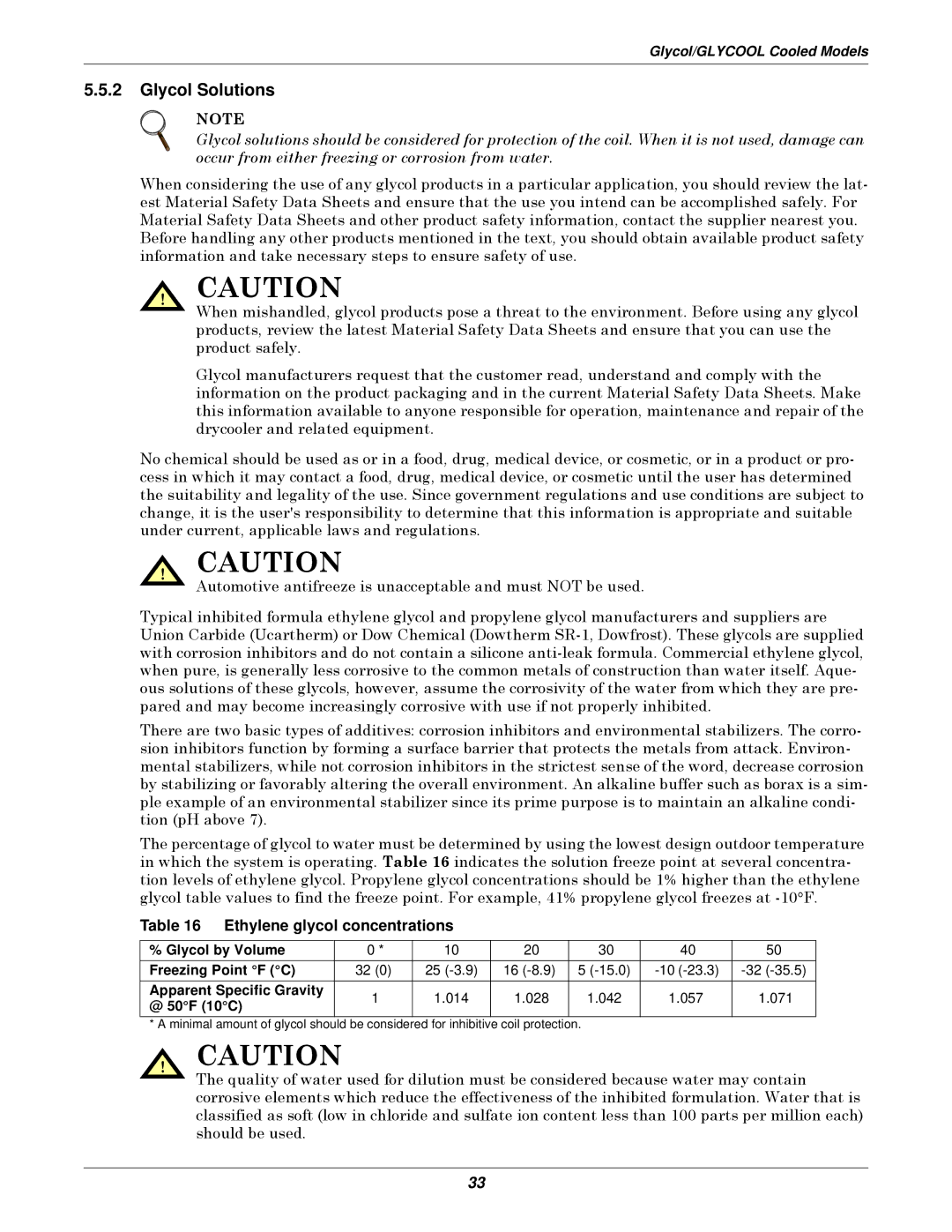 Liebert 3000 installation manual Glycol Solutions, Ethylene glycol concentrations, @ 50F 10C 