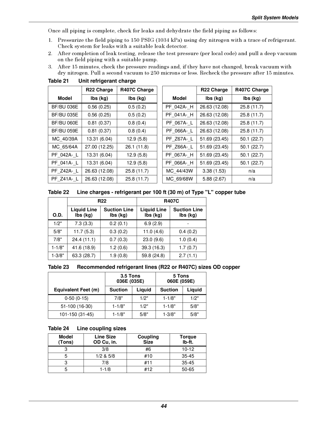 Liebert 3000 Unit refrigerant charge, Recommended refrigerant lines R22 or R407C sizes OD copper, Line coupling sizes 