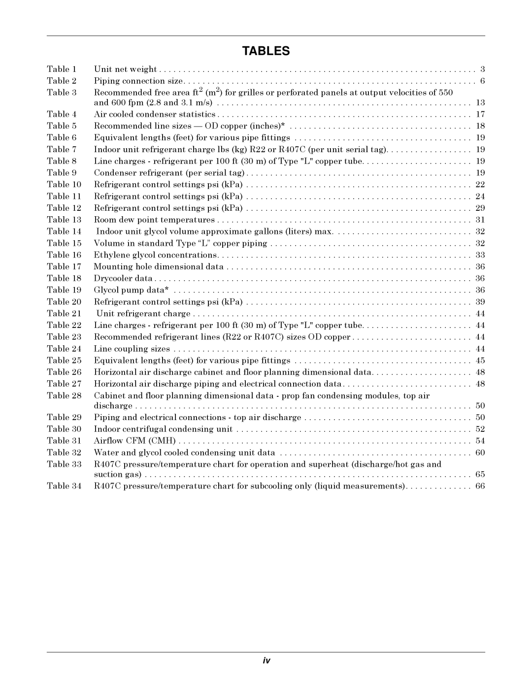 Liebert 3000 installation manual Tables 