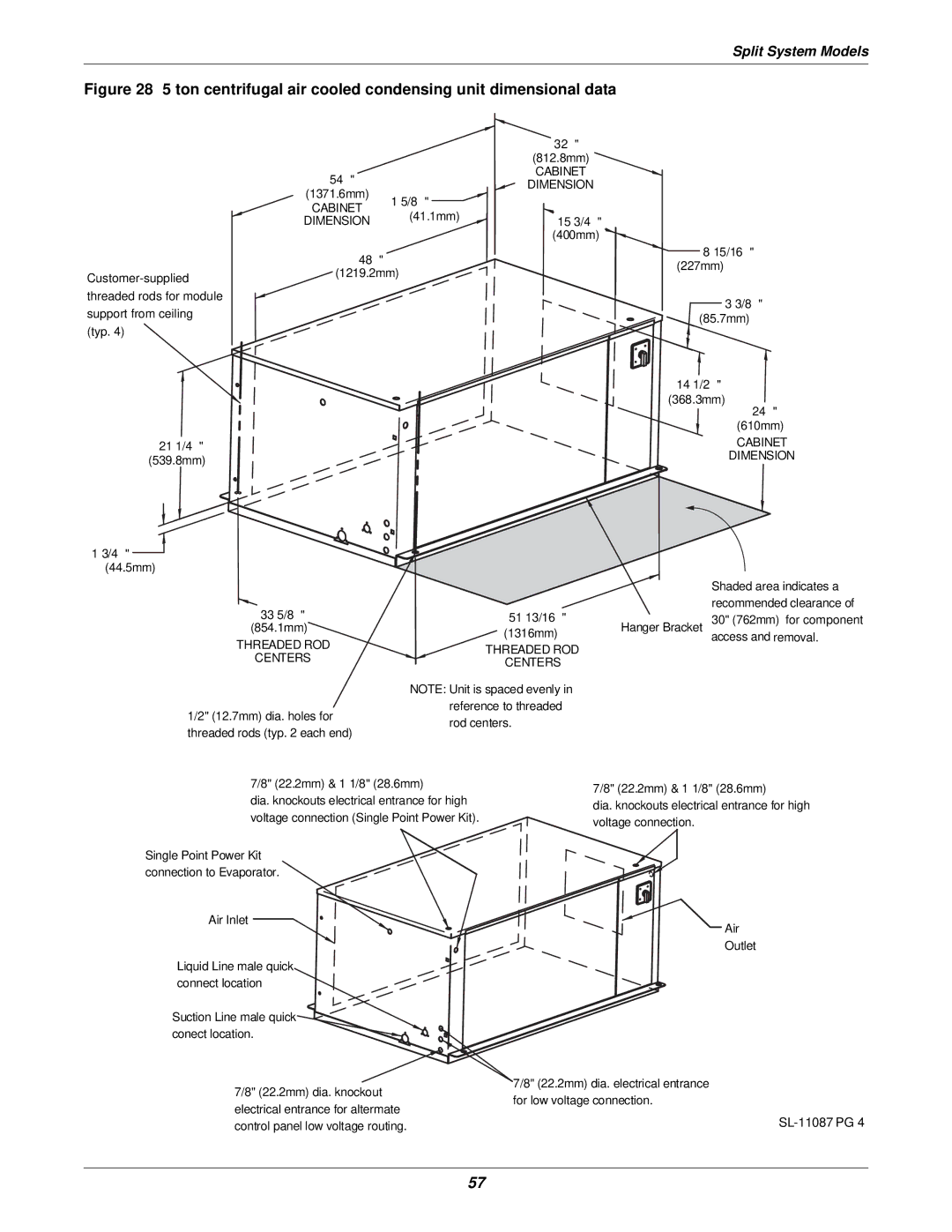 Liebert 3000 installation manual Ton centrifugal air cooled condensing unit dimensional data 