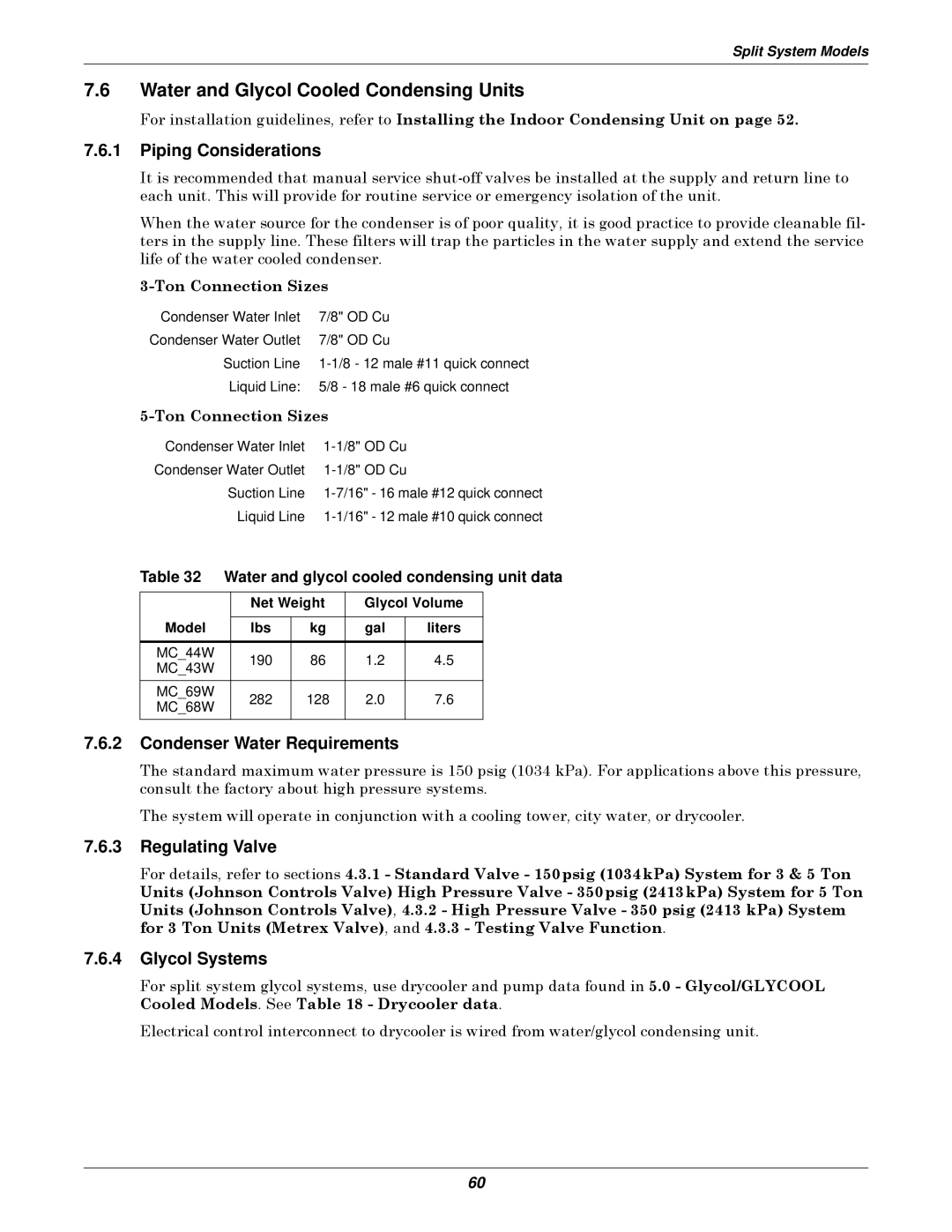 Liebert 3000 Water and Glycol Cooled Condensing Units, Piping Considerations, Condenser Water Requirements, Glycol Systems 