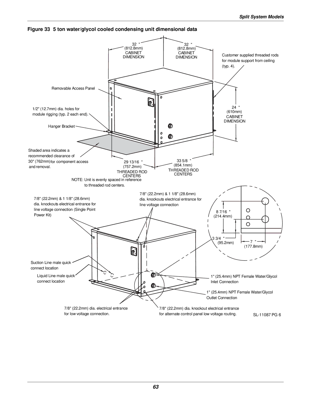 Liebert 3000 installation manual Ton water/glycol cooled condensing unit dimensional data 