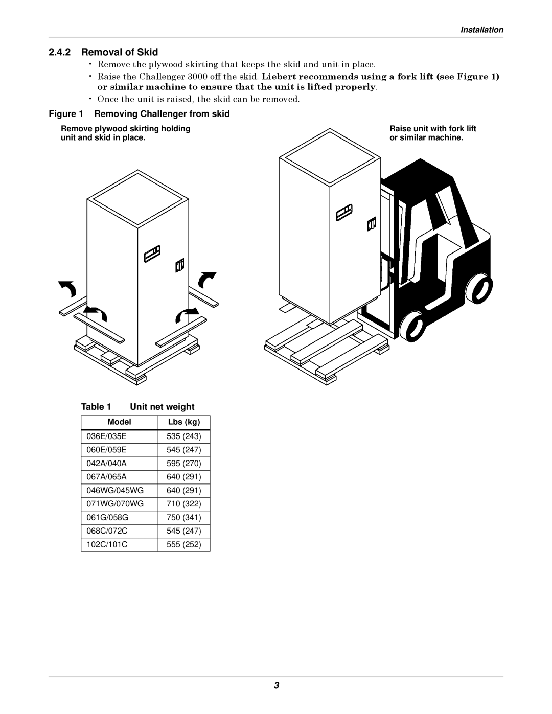 Liebert 3000 installation manual Removal of Skid, Unit net weight, Model Lbs kg 