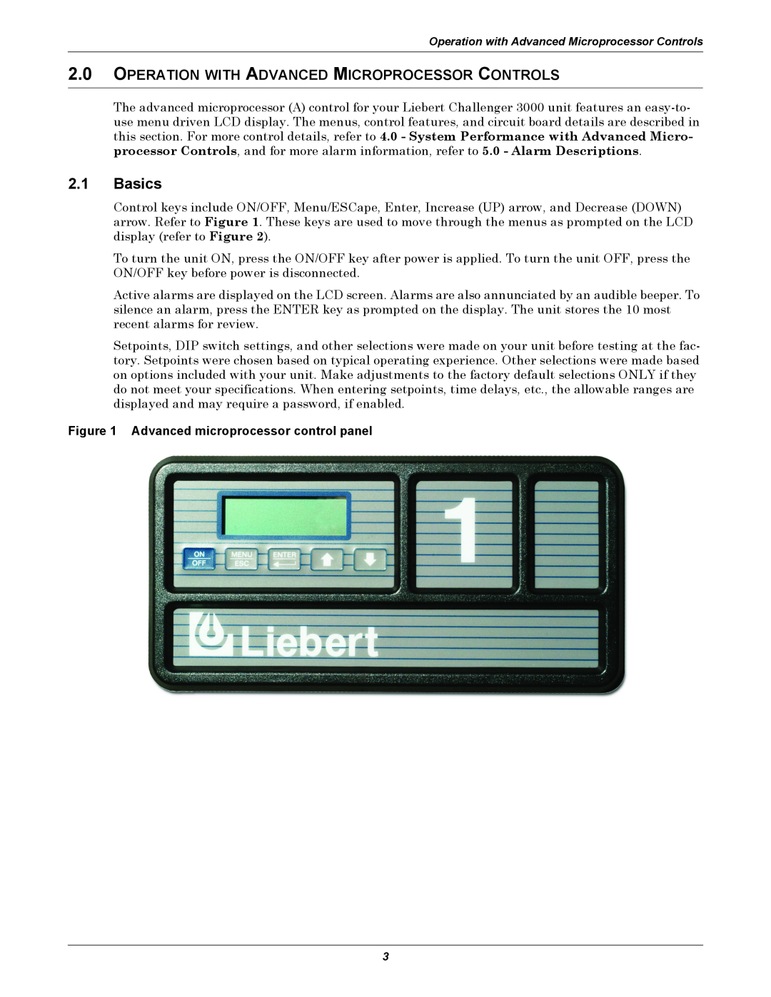 Liebert 3000 manual 2.1Basics, Advanced microprocessor control panel 