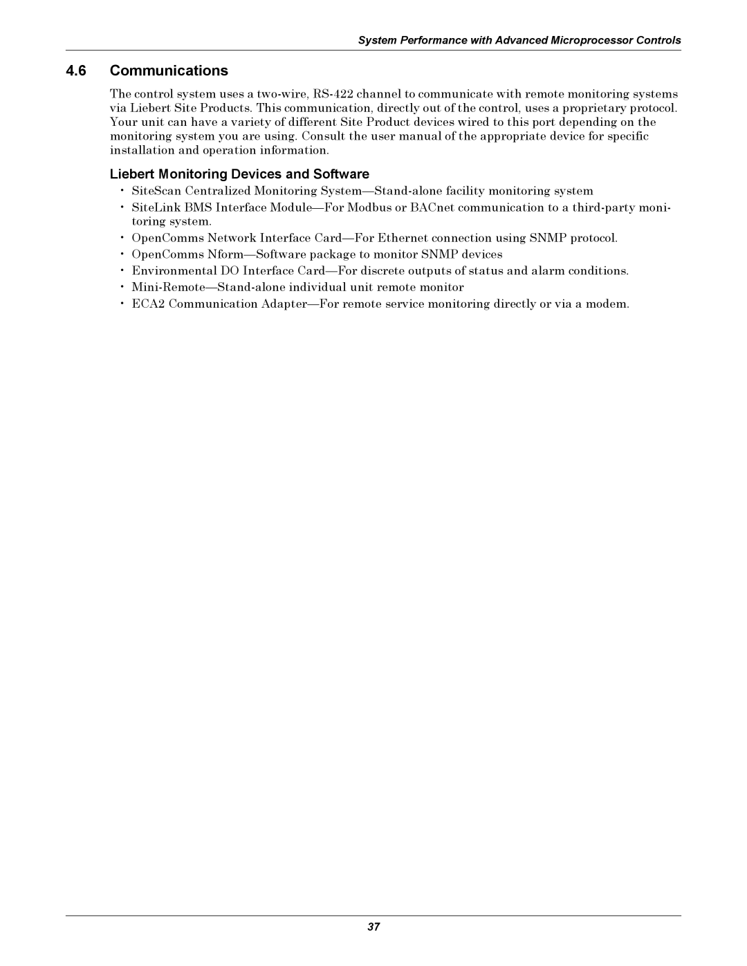 Liebert 3000 manual 4.6Communications, Liebert Monitoring Devices and Software 