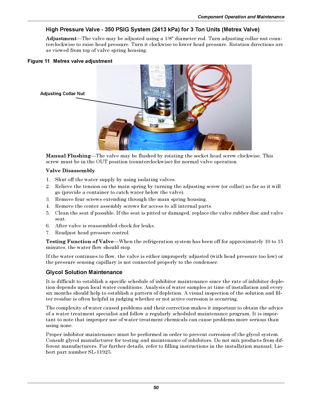 Liebert 3000 manual Glycol Solution Maintenance, Metrex valve adjustment 