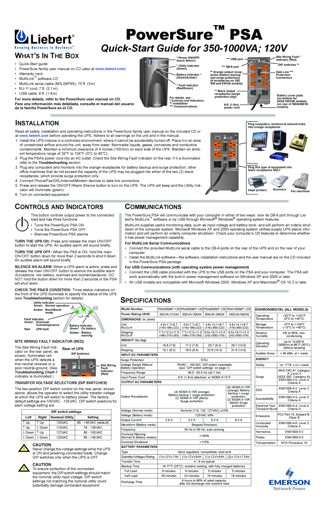 Liebert 350-1000VA quick start WHAT’S in the BOX, Installation, Controls and Indicators Communications, Specifications 