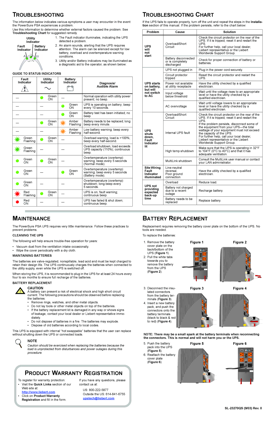 Liebert 350-1000VA quick start Troubleshooting Chart, Maintenance, Product Warranty Registration, Battery Replacement 