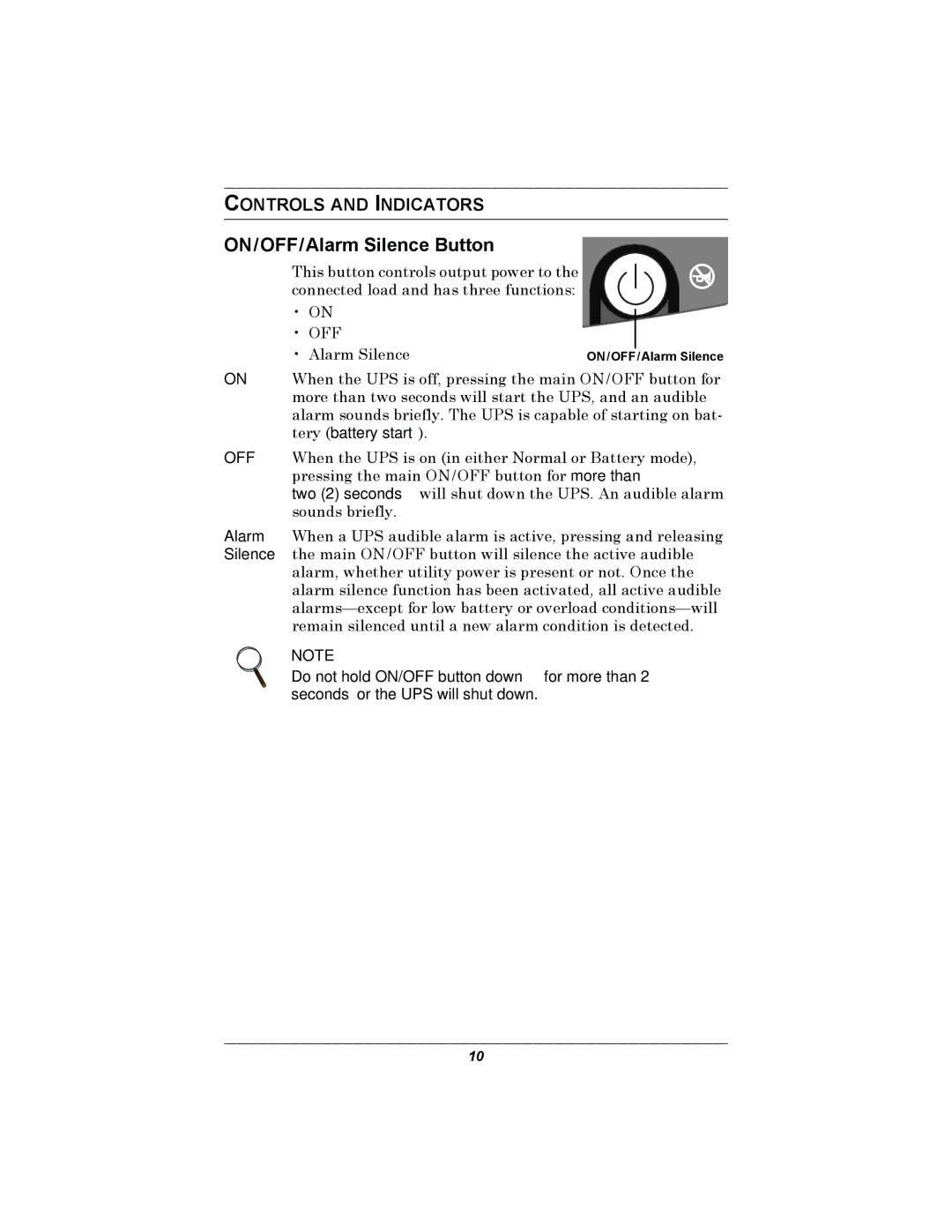 Liebert 350-500 VA user manual ON/OFF/Alarm Silence Button, Controls and Indicators 