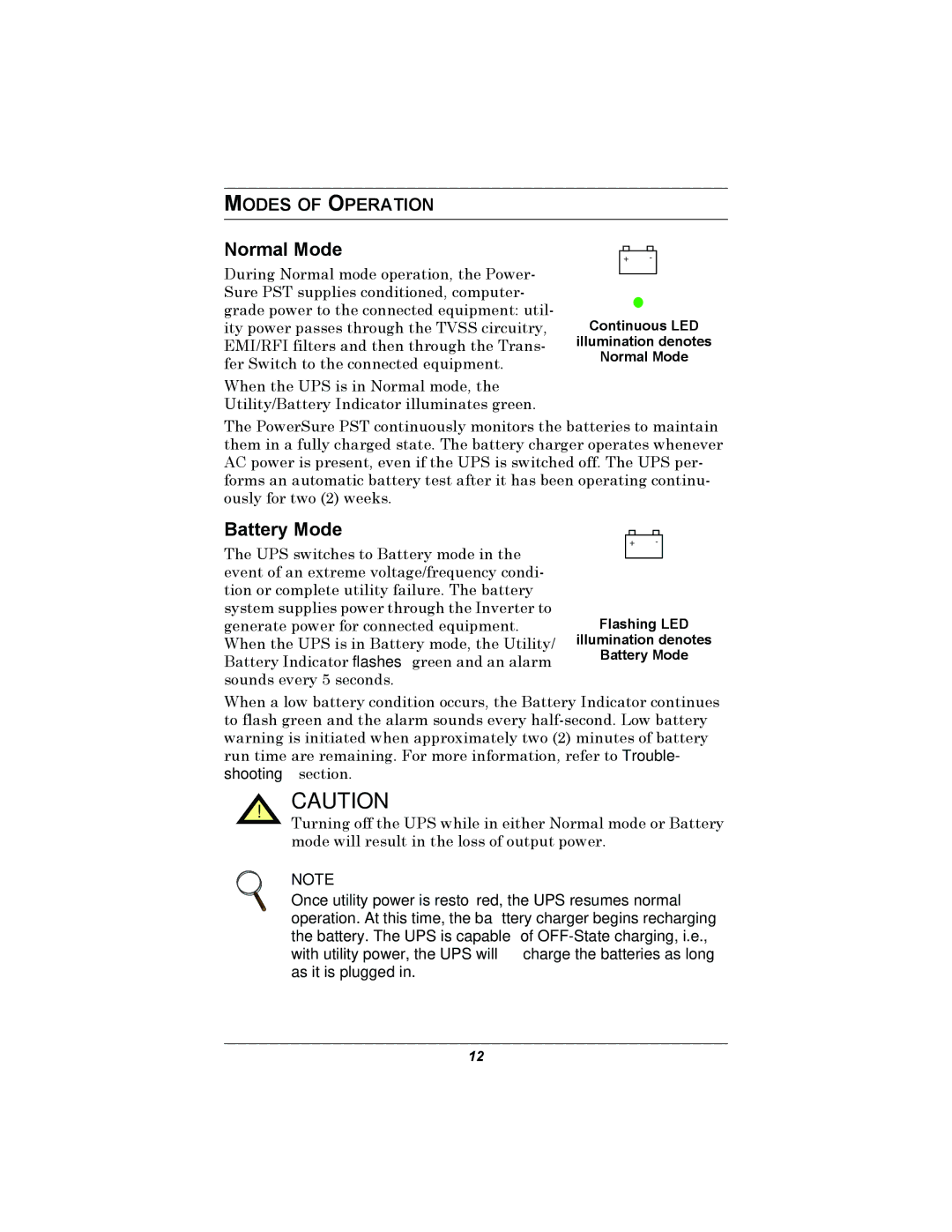 Liebert 350-500 VA user manual Normal Mode, Battery Mode, Modes of Operation 