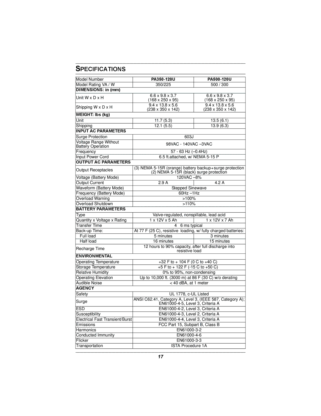 Liebert 350-500 VA user manual Specifications, Input AC Parameters 