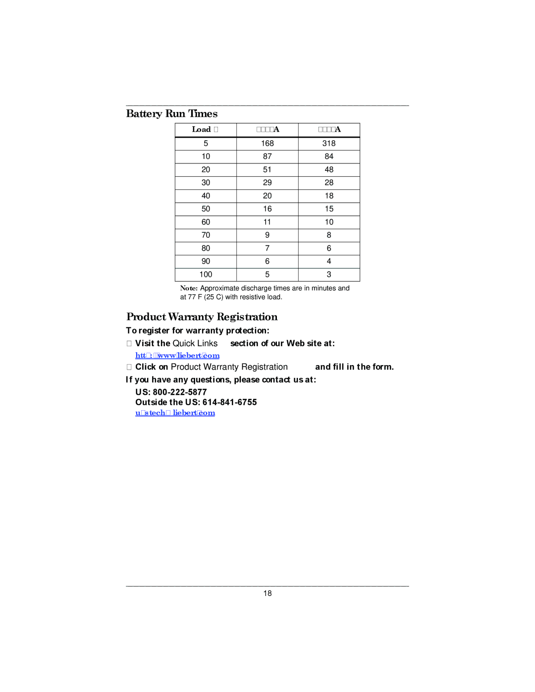 Liebert 350-500 VA user manual Battery Run Times, Product Warranty Registration 