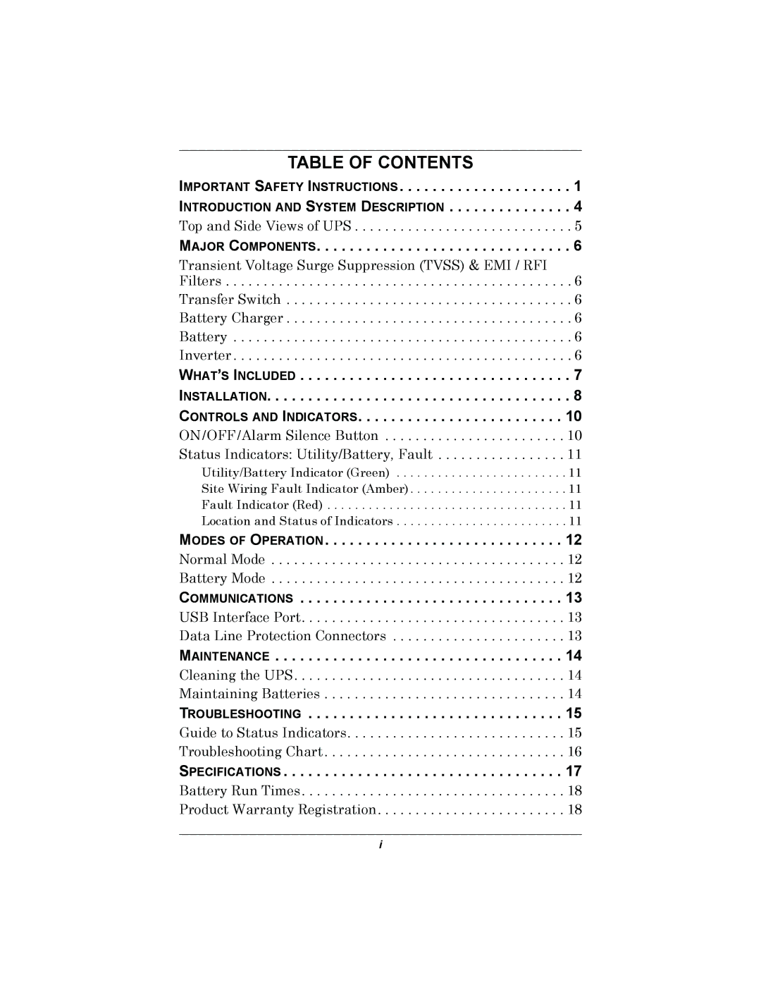 Liebert 350-500 VA user manual Table of Contents 