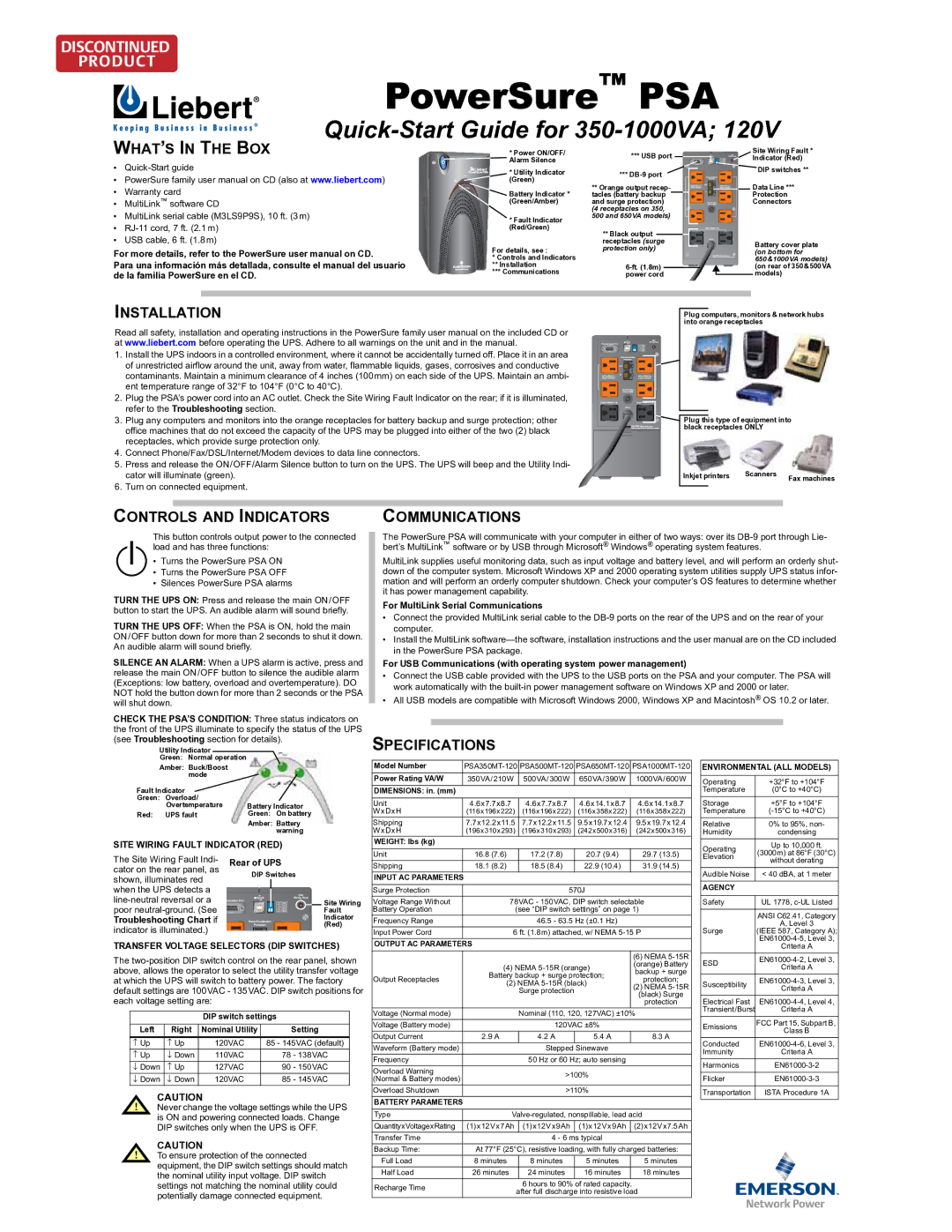 Liebert PSA500MT-120 quick start WHAT’S in the BOX, Installation, Controls and Indicators Communications, Specifications 