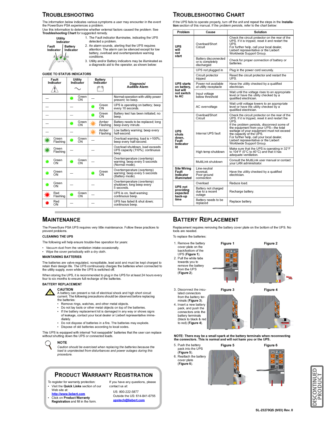 Liebert PSA1000MT-120, 350 Troubleshooting Chart, Maintenance, Product Warranty Registration, Battery Replacement 