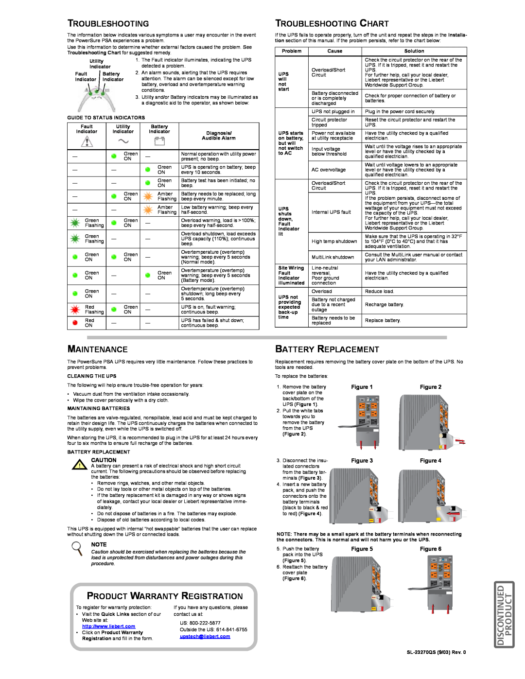 Liebert PSA1000MT-120, 350 Troubleshooting Chart, Maintenance, Product Warranty Registration, Battery Replacement 