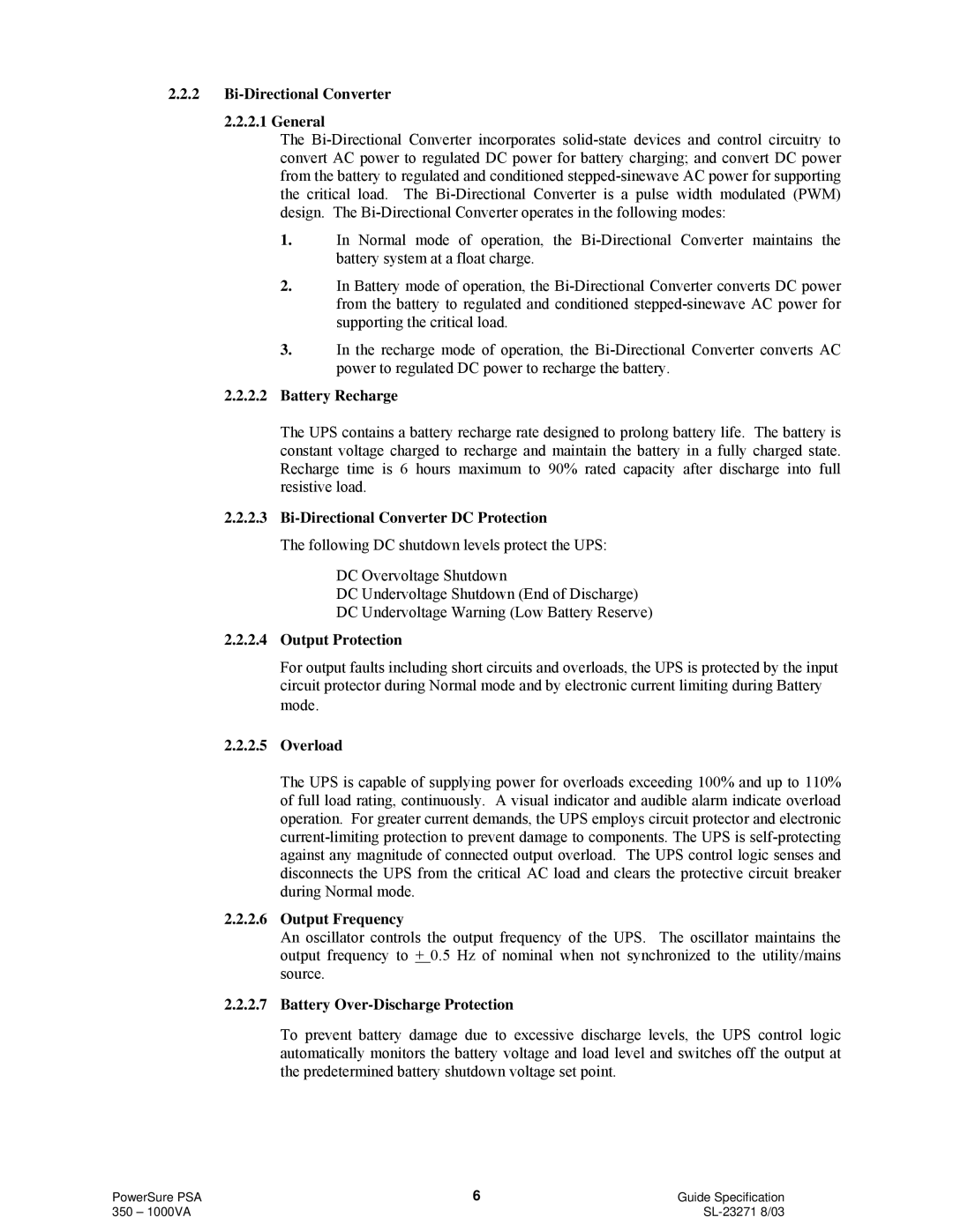 Liebert 350VA to 1000VA Bi-Directional Converter 2.2.2.1 General, Battery Recharge, Bi-Directional Converter DC Protection 