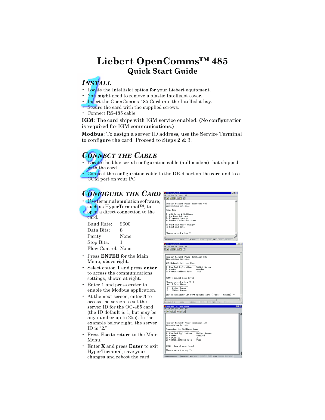 Liebert 485 quick start Liebert OpenComms, Quick Start Guide, Install, Connect The Cable, Configure The Card 