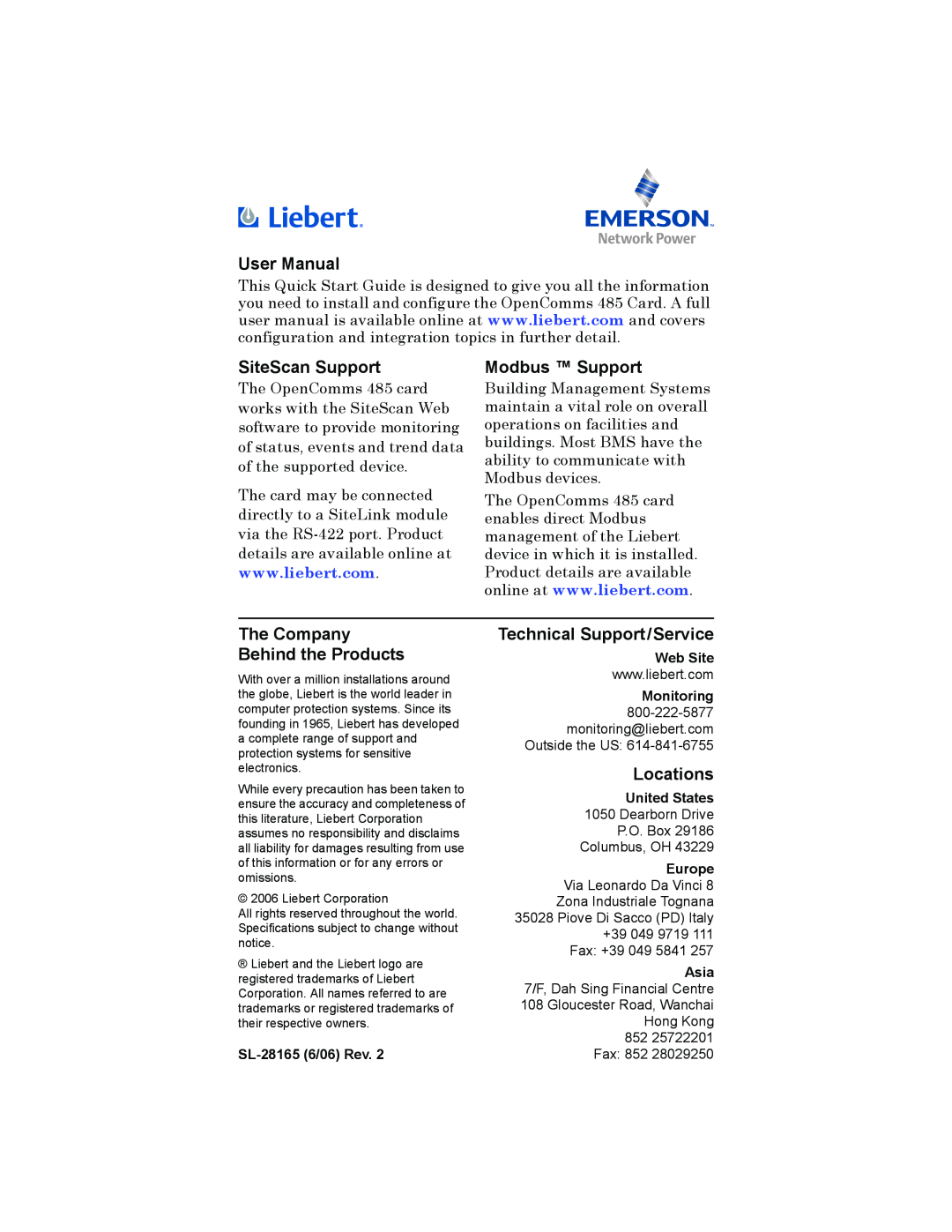 Liebert 485 User Manual, SiteScan Support, Modbus Support, The Company Behind the Products, Technical Support/Service 