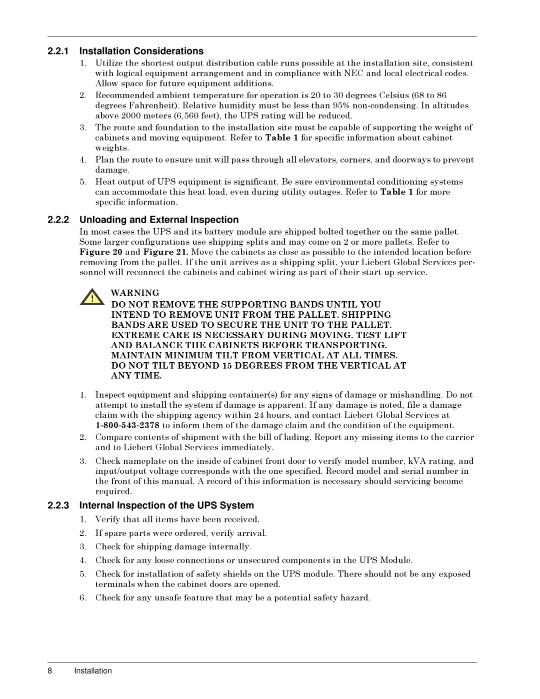 Liebert 50 and 60 Hz Installation Considerations, Unloading and External Inspection, Internal Inspection of the UPS System 