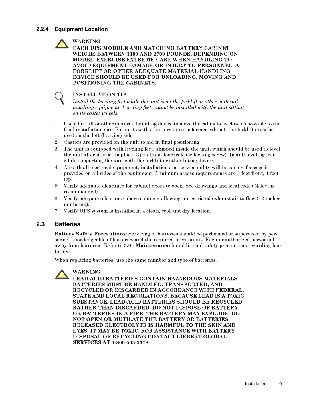 Liebert S3, 50 and 60 Hz user manual Batteries, Equipment Location, 167$//$7,21ý7,3, RQýLWVýFDVWHUýZKHHOVï 