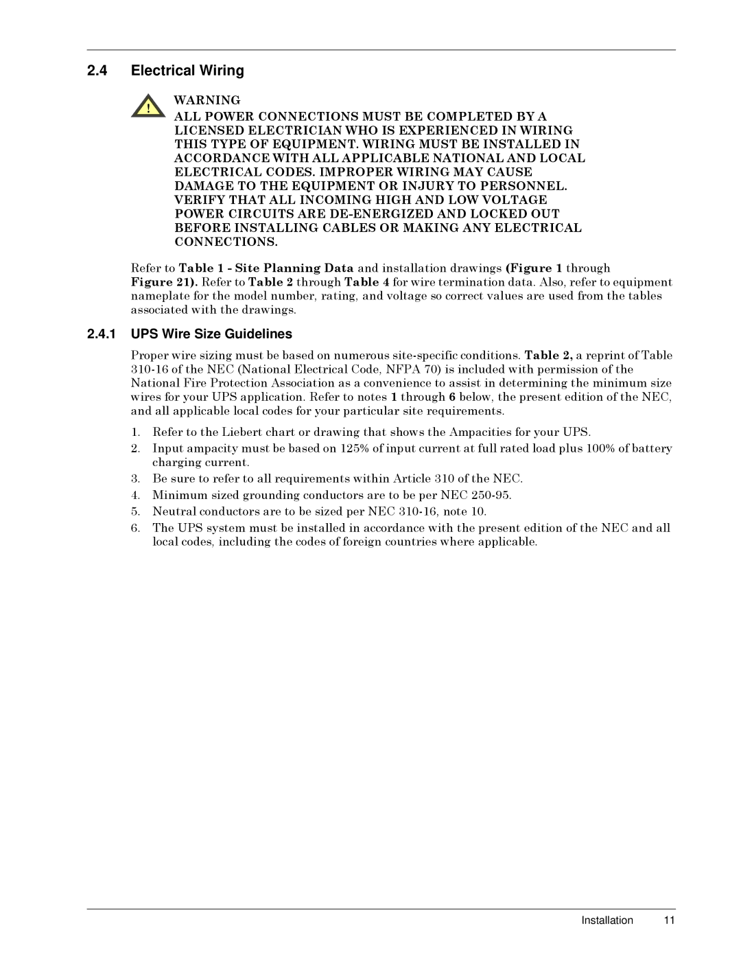 Liebert S3, 50 and 60 Hz user manual Electrical Wiring, UPS Wire Size Guidelines 