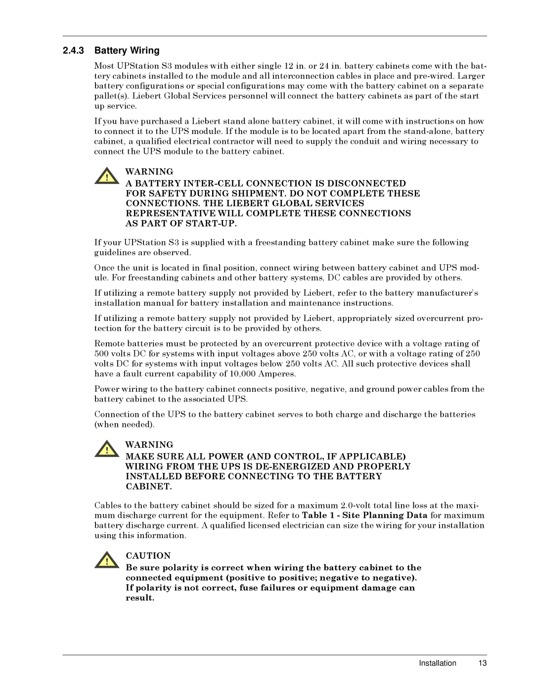 Liebert S3, 50 and 60 Hz user manual Battery Wiring 