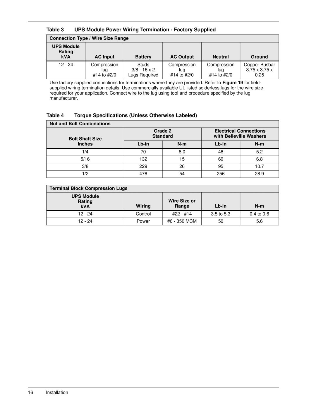 Liebert 50 and 60 Hz, S3 user manual 10.7, 28.9, #6 350 MCM 