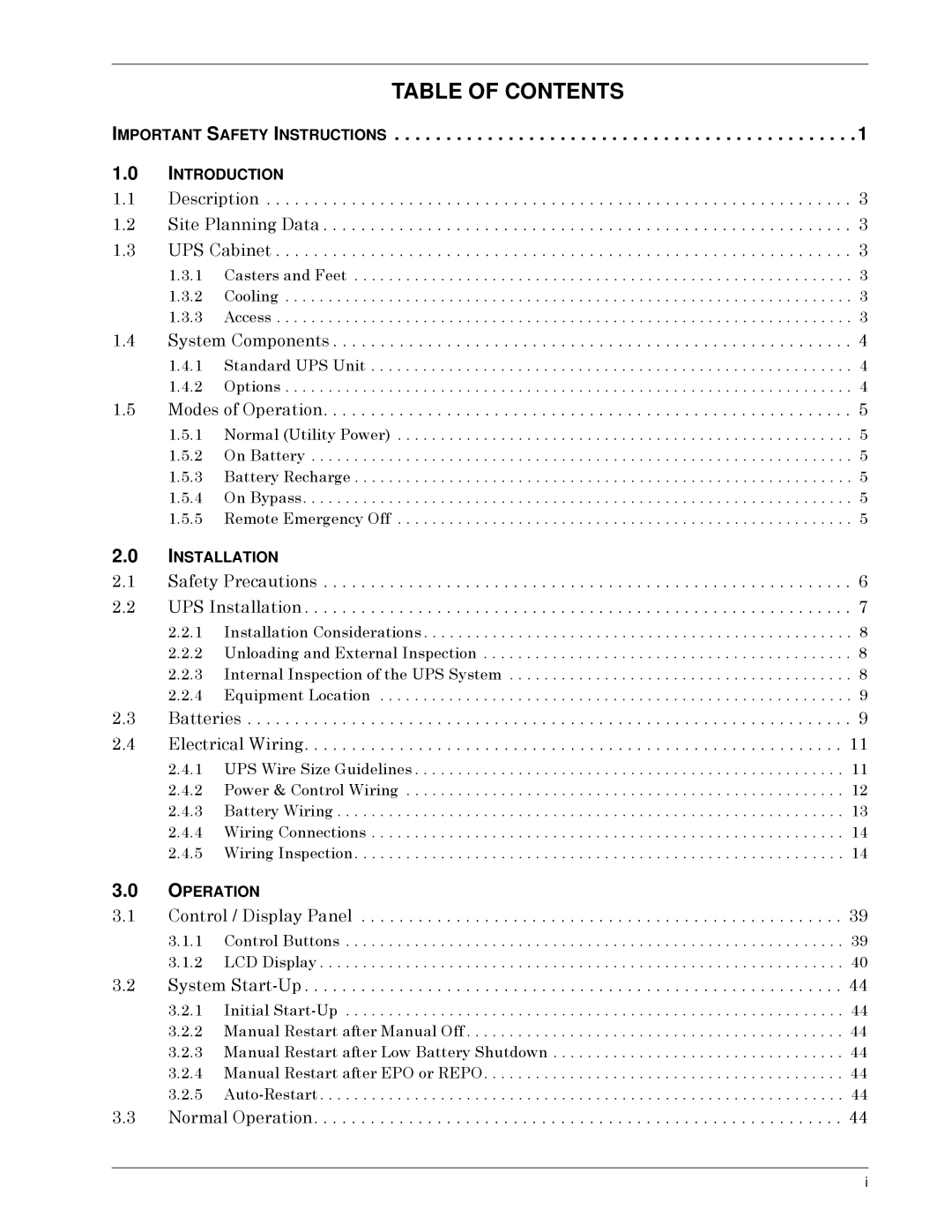 Liebert S3, 50 and 60 Hz user manual Table of Contents 