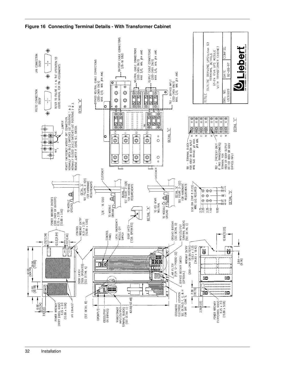 Liebert 50 and 60 Hz, S3 user manual Connecting Terminal Details With Transformer Cabinet 