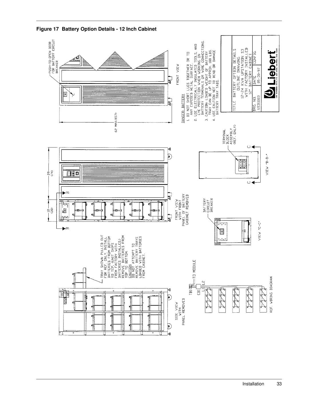 Liebert S3, 50 and 60 Hz user manual Battery Option Details 12 Inch Cabinet 