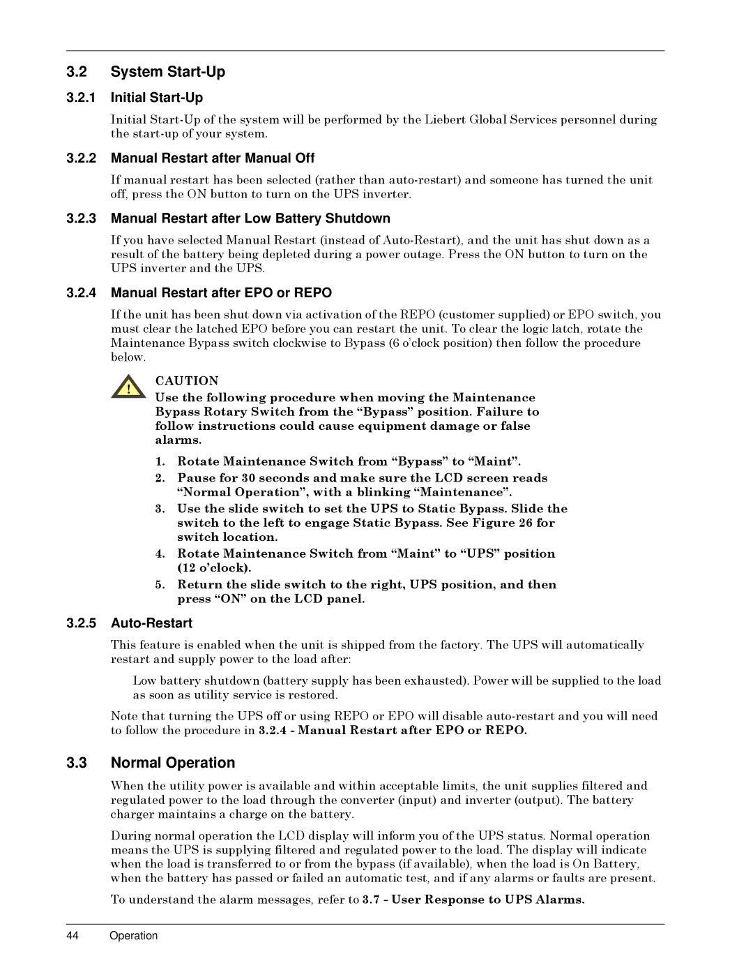 Liebert 50 and 60 Hz, S3 user manual System Start-Up, Normal Operation 