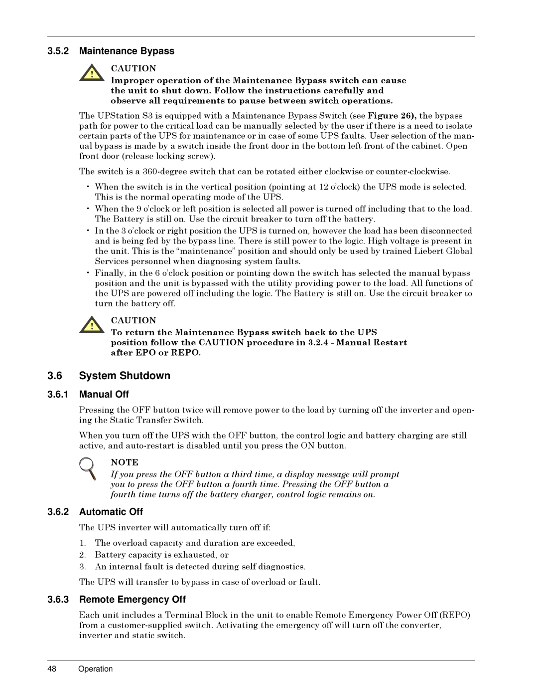 Liebert 50 and 60 Hz, S3 user manual System Shutdown, Maintenance Bypass, Manual Off, Automatic Off 